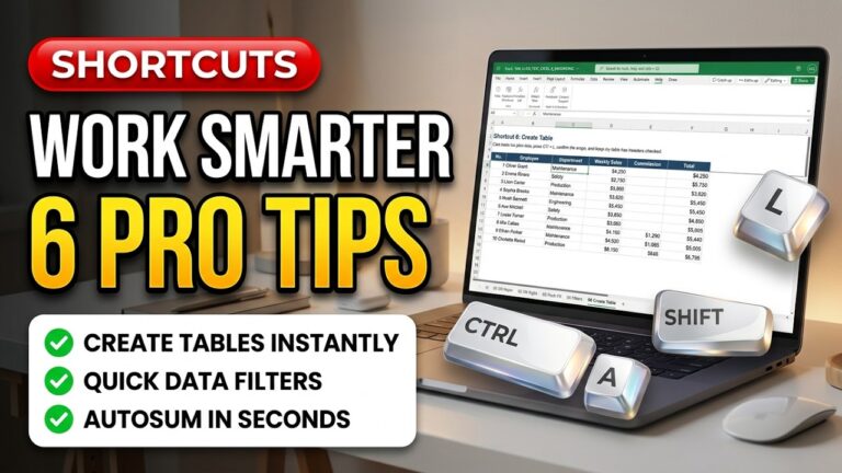 Six Excel for the Web keyboard shortcuts demonstrated in a worksheet